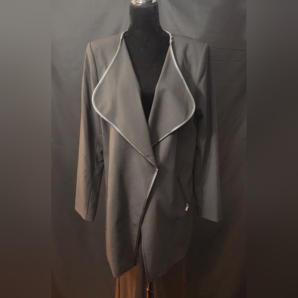 Calvin Klein Black Waterfall Coat with Leather Trim Size 16